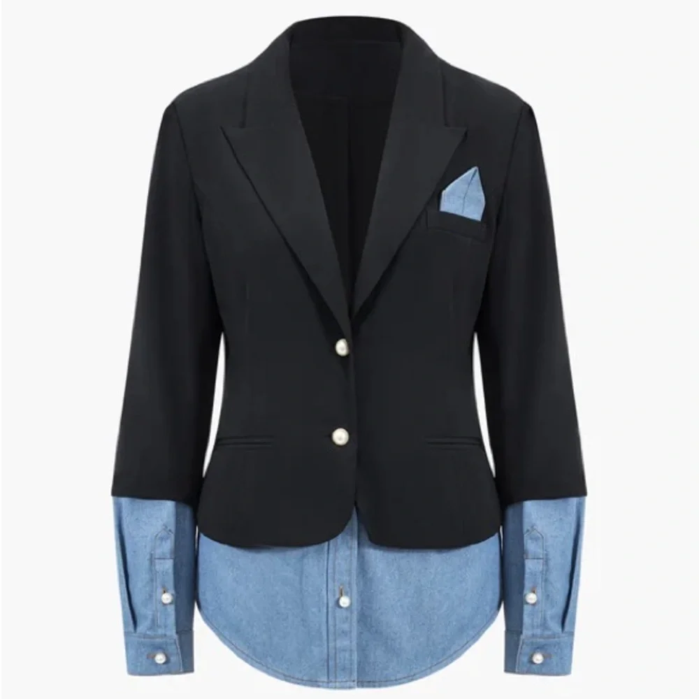 Black Blazer with Blue Shirt-Hem Trim - Picture 4 of 5
